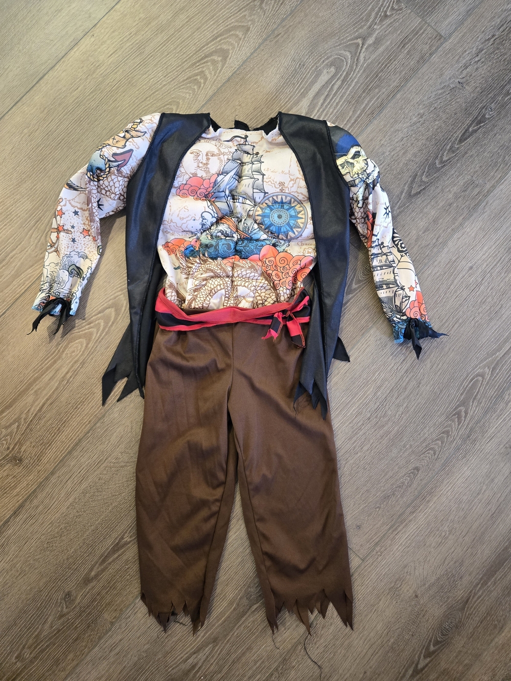 Kids Brown Pirate Costume with Printed Shirt and Black Vest
